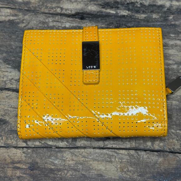 Lodis Mustard Yellow Patent Leather Wallet Perforated Bifold Zip Coin Pocket - Picture 1 of 11